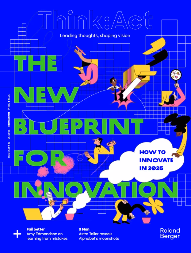 Think:Act magazine cover with a blue background and abstract illustrations of people engaged in creative and innovative activities.  