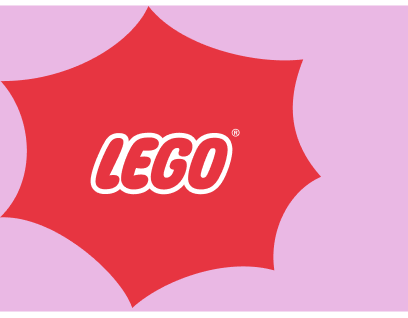 Rotes sternförmiges Abzeichen mit gebogenen, konkaven Kanten, das das weiße LEGO-Logo und das eingetragene Markenzeichen enthält. 