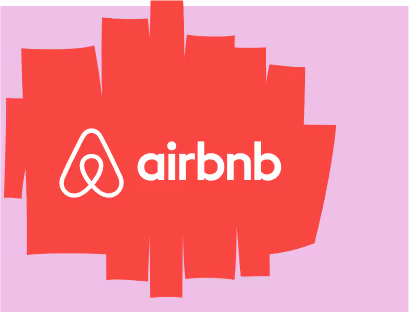 Red geometric burst shape with jagged, pixelated edges containing the white Airbnb logo and text 'Airbnb'.