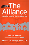 Book cover for 'The Alliance: Managing Talent in the Networked Age' by Reid Hoffman, Ben Casnocha, and Chris Yeh. The cover features a red background with white text and silhouettes of five people in red with overlapping speech bubbles above them. A black banner in the upper left indicates 'New York Times Bestseller.' The publisher is Harvard Business Review Press.