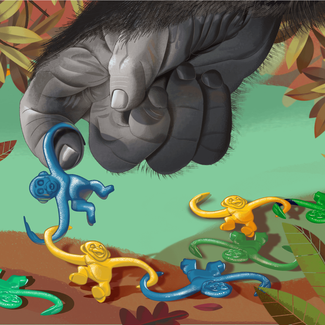 Illustration of a gorilla’s hand selecting a blue toy monkey from a group of colorful interlinked plastic monkeys on a forest floor.