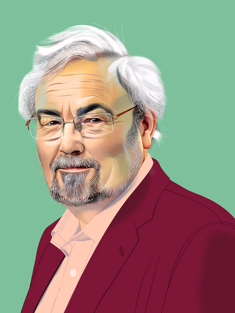 Stylized digital illustration of Robin Dunbar wearing glasses and a burgundy blazer, against a light green background.
