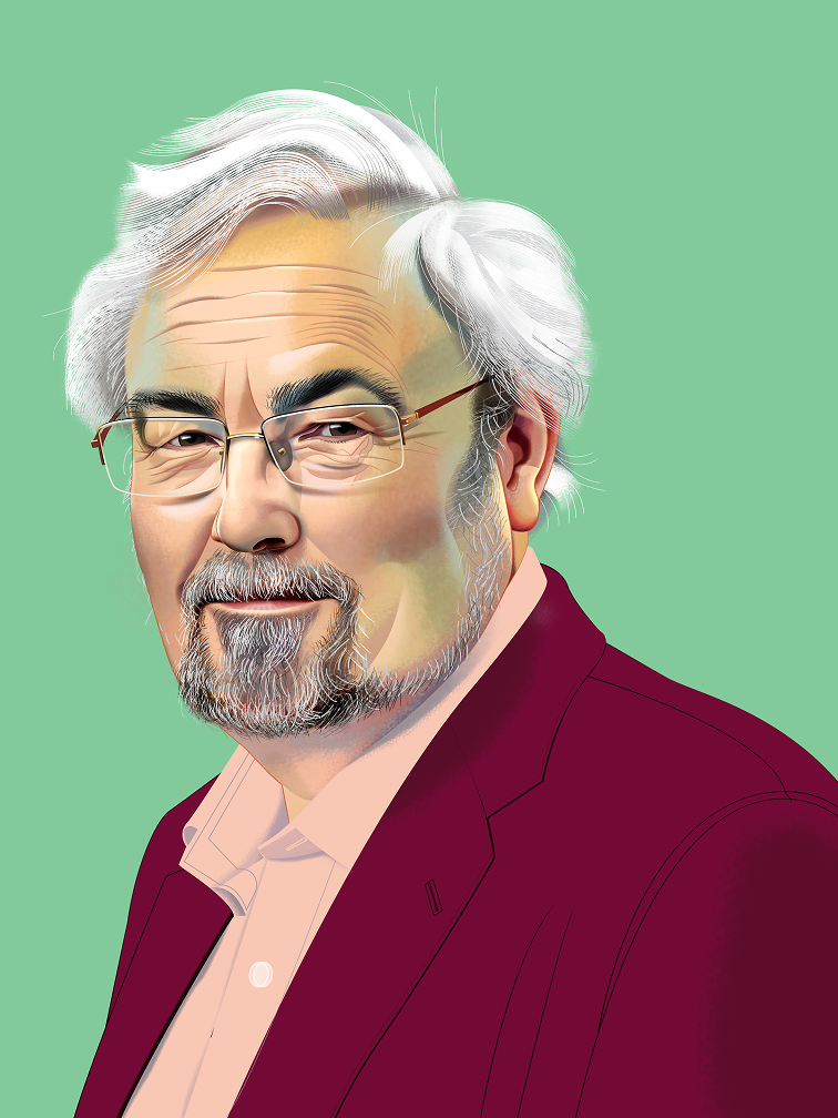 Stylized digital illustration of Robin Dunbar wearing glasses and a burgundy blazer, against a light green background.