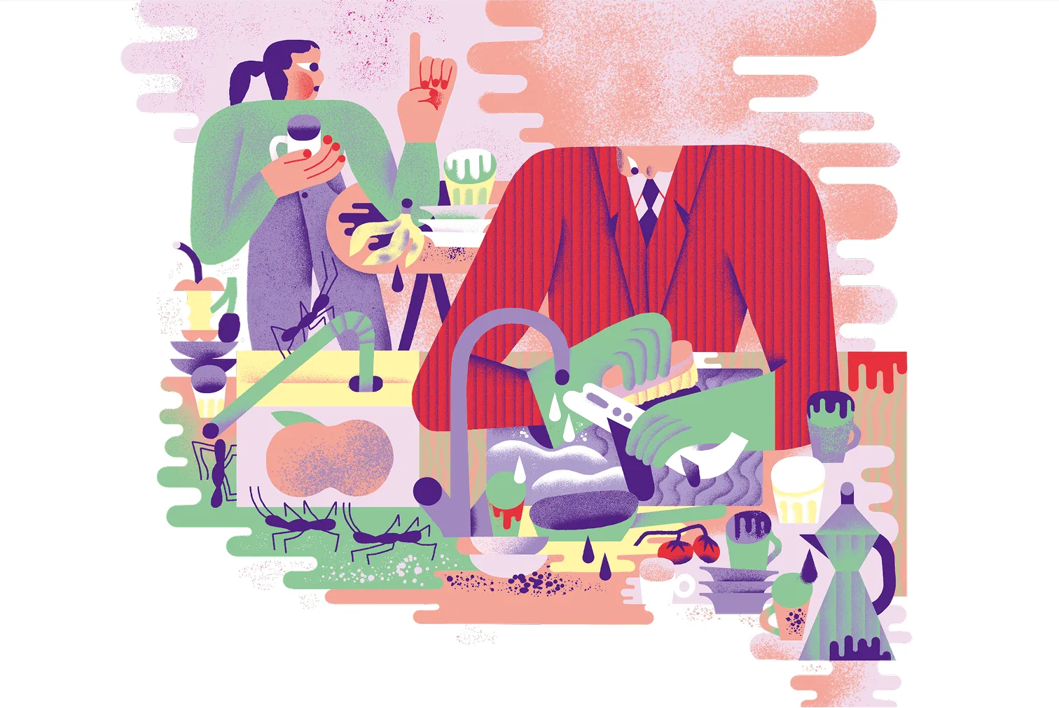 A headless figure in a red pinstripe suit washes dishes, while another person gestures beside a cluttered kitchen scene with ants, bananas, coffee, and utensils.