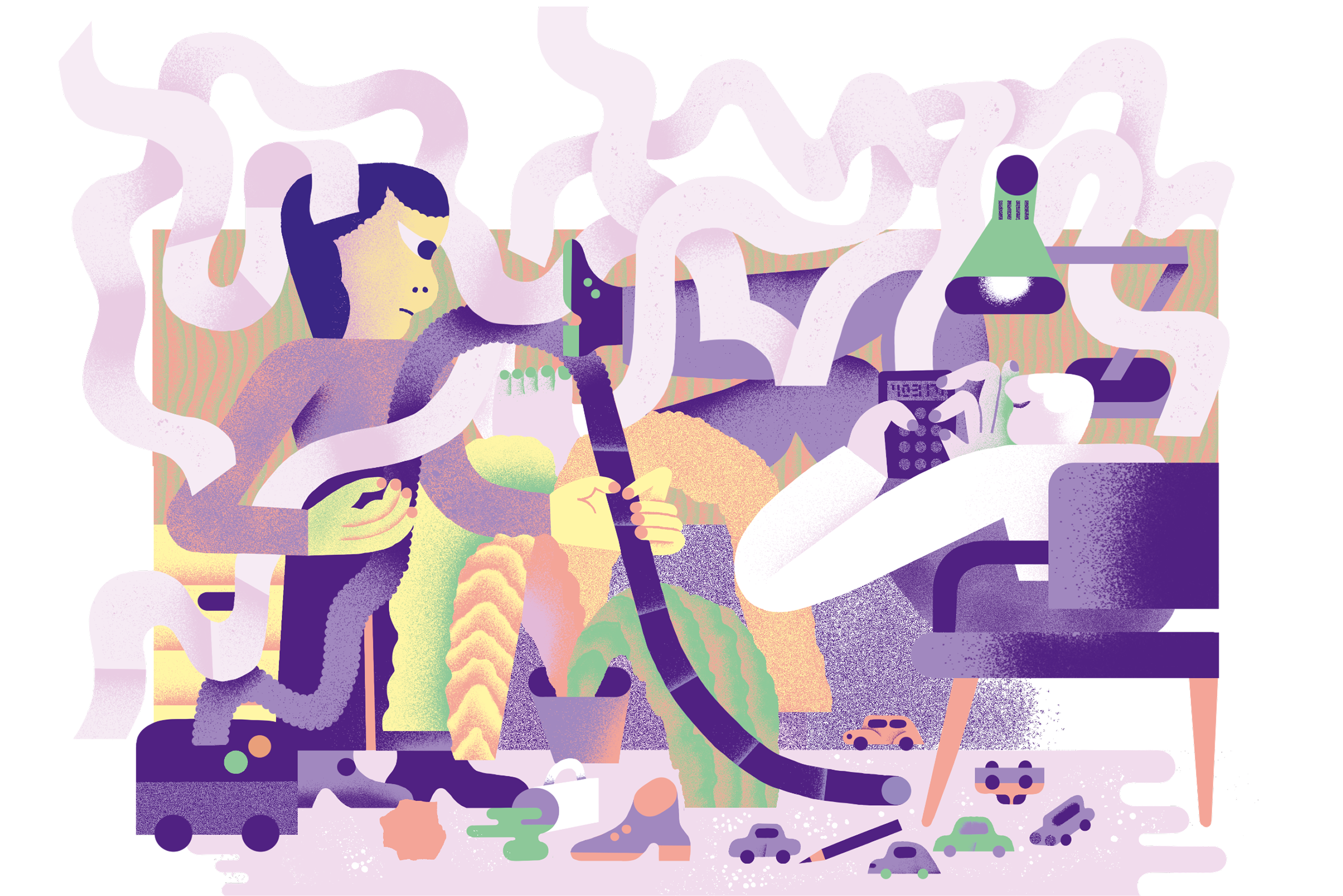 A surreal scene with purple smoke streaks: a person holds a vacuum cleaner, another relaxes on a couch using a calculator, with toy cars and clutter scattered below.