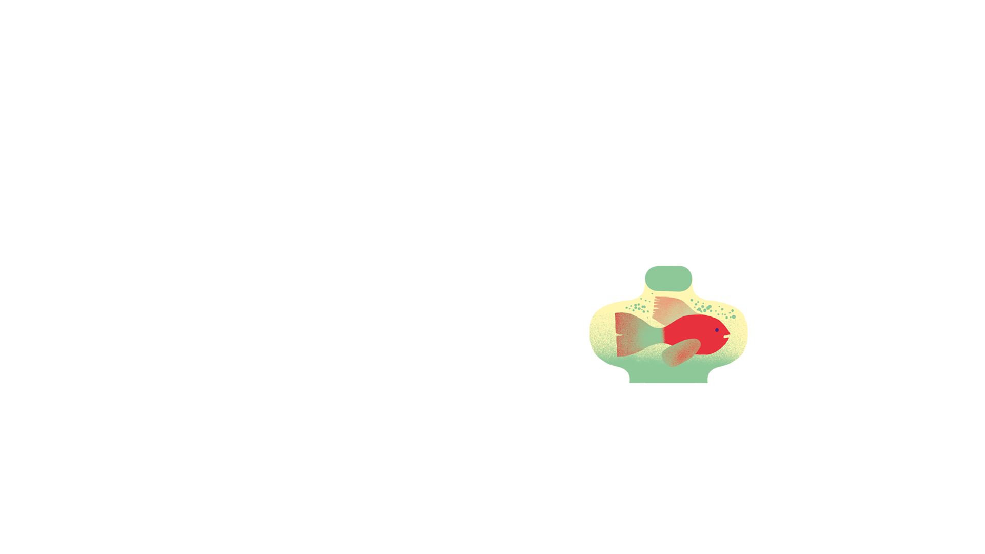 Illustration of a red fish with green fins and tail swimming in water, set against a green and yellow gradient background with bubbles.