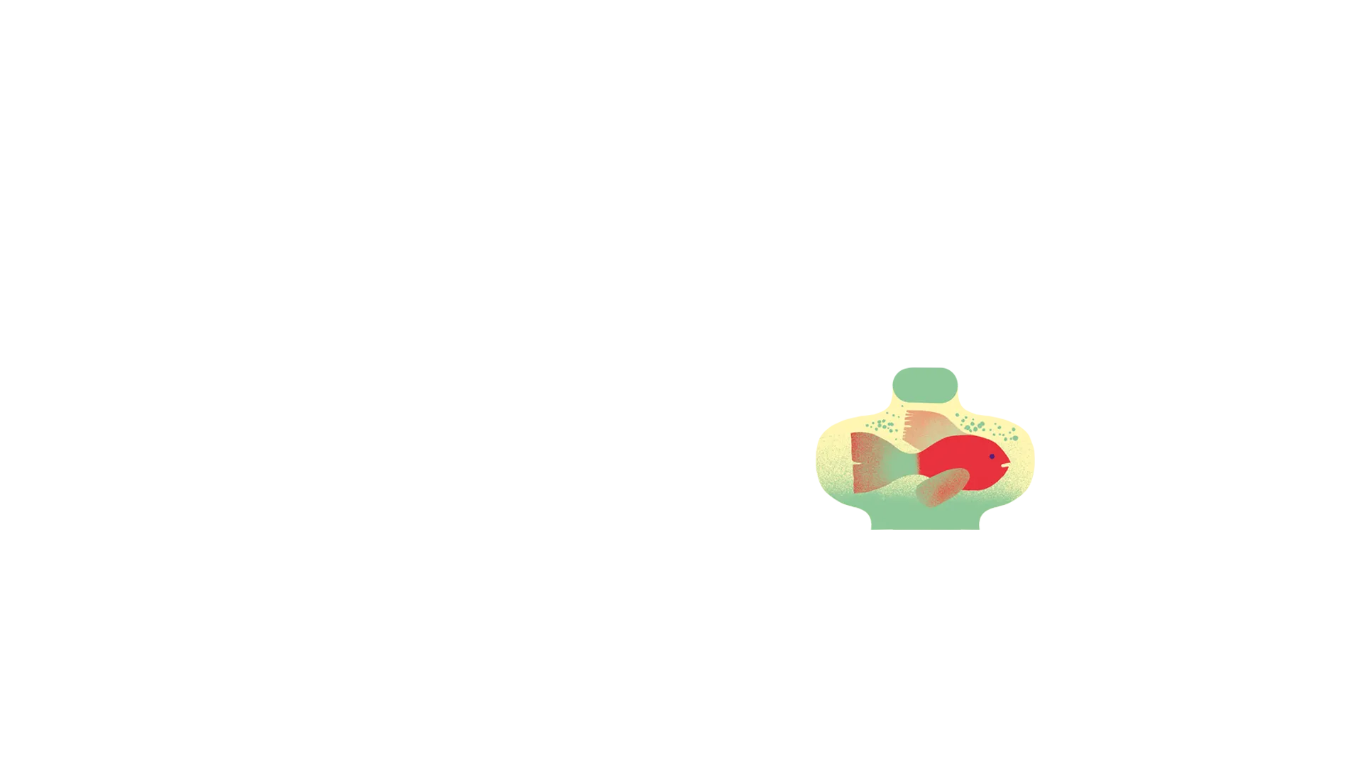 Illustration of a red fish with green fins and tail swimming in water, set against a green and yellow gradient background with bubbles.