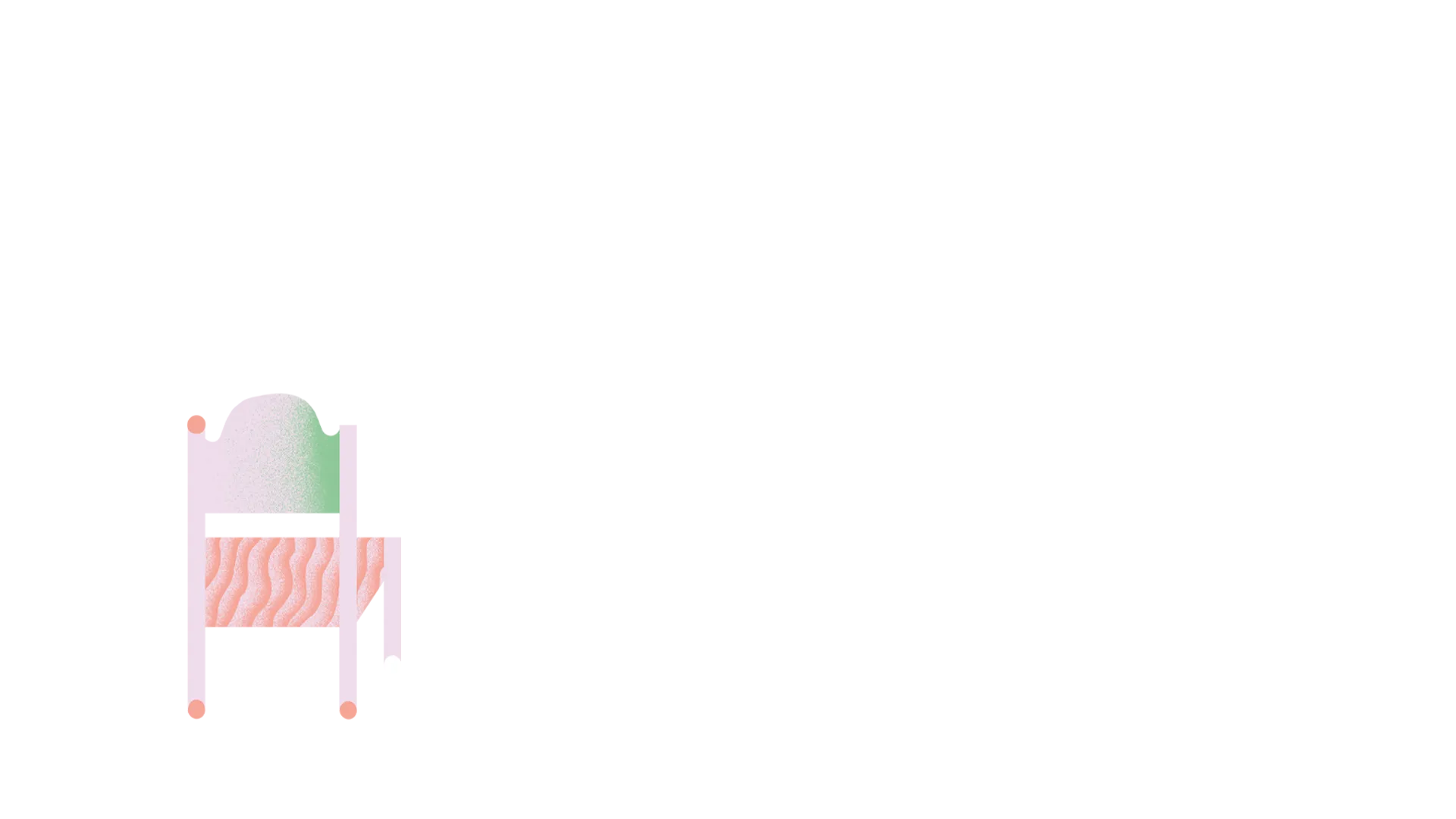 Abstract illustration of a pink chair with four legs and orange circular bases.