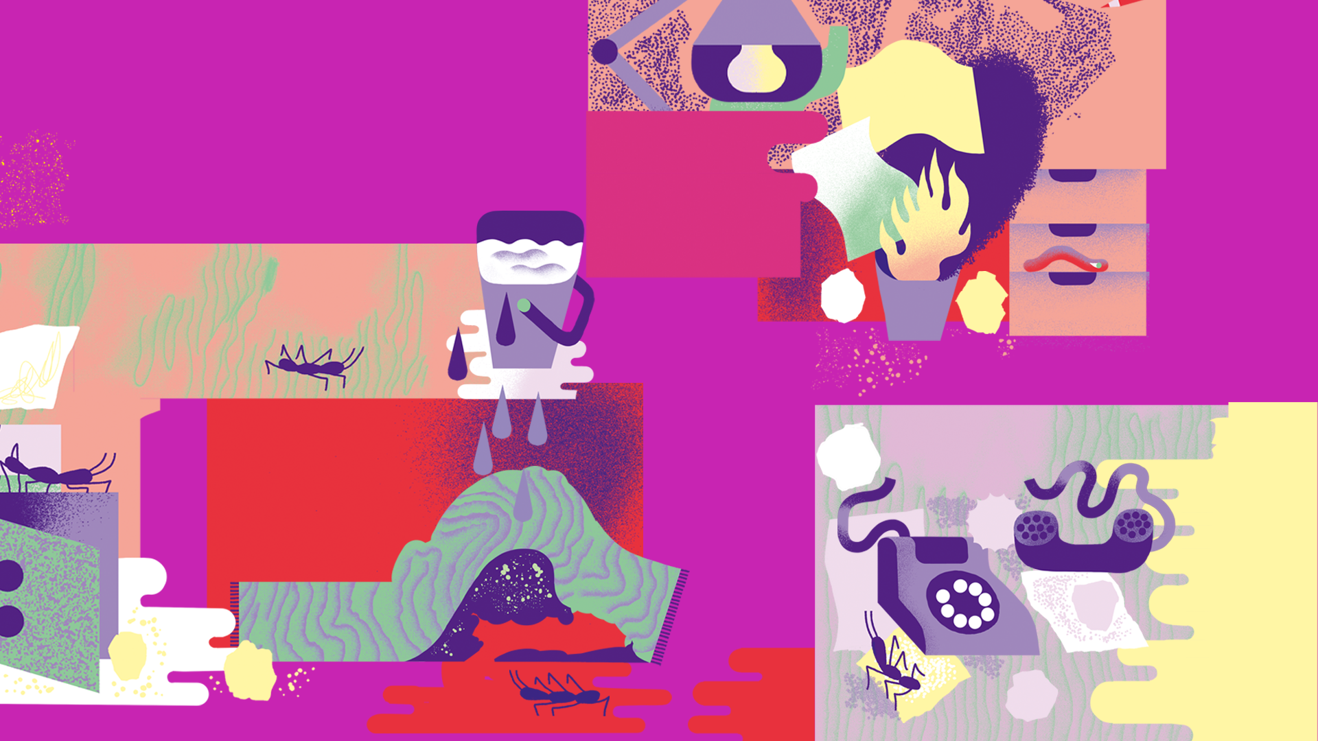 Abstract Illustration on a vibrant purple background featuring chaotic scenes. A burning trash can next to a set of drawers on the top right, insect-like creatures crawling around a rug at the bottom left side and an old-fashioned rotary telephone. The image uses bold colors: red, green, yellow, and white to create visual contrast and highlight distinct elements.