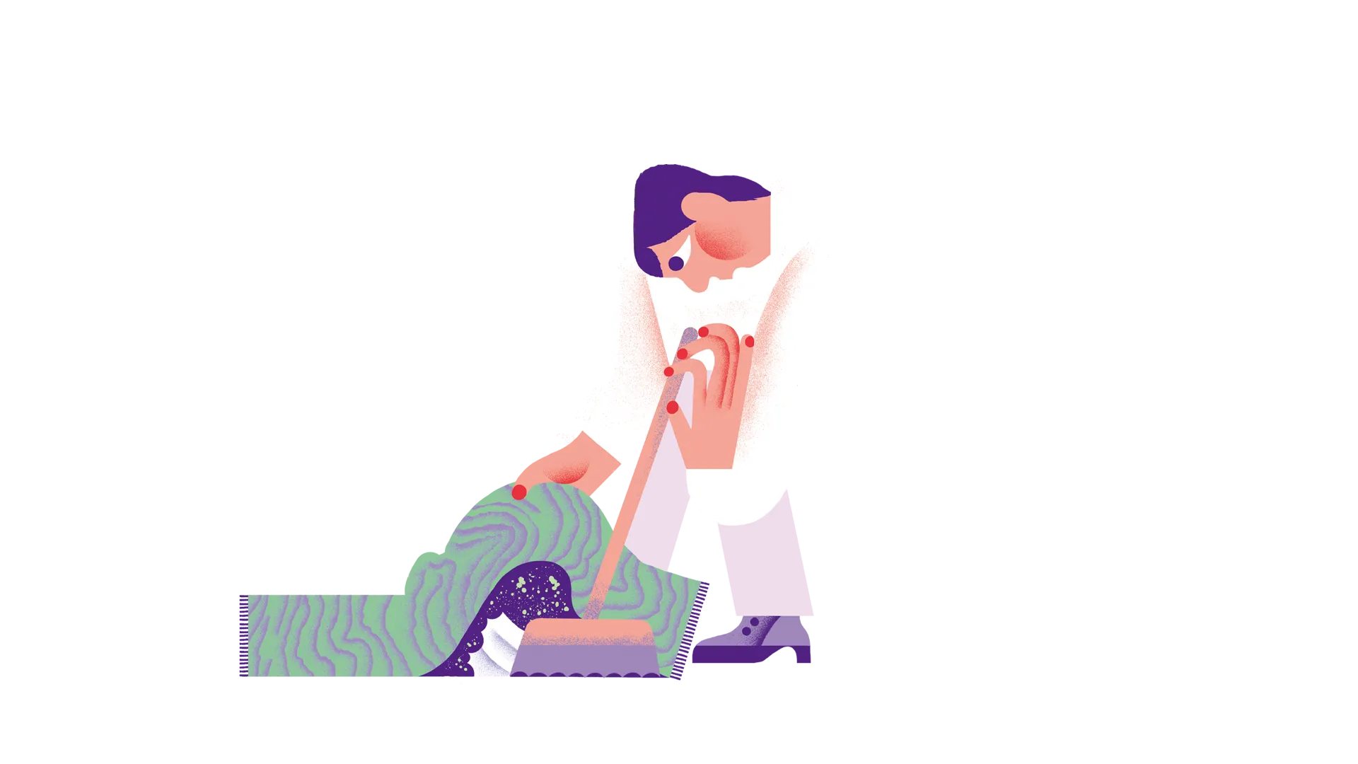 Illustration of a person with short dark purple hair, dressed in white clothing and dark shoes, lifting the edge of a green and purple patterned rug while sweeping dirt underneath it with a broom.