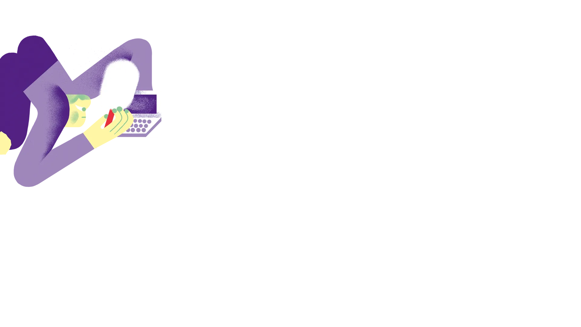 Illustration of a person with green skin and yellow hands, dressed in purple, bending over backwards while holding a red pencil in one hand and typing on a laptop with circular keys and a white screen.