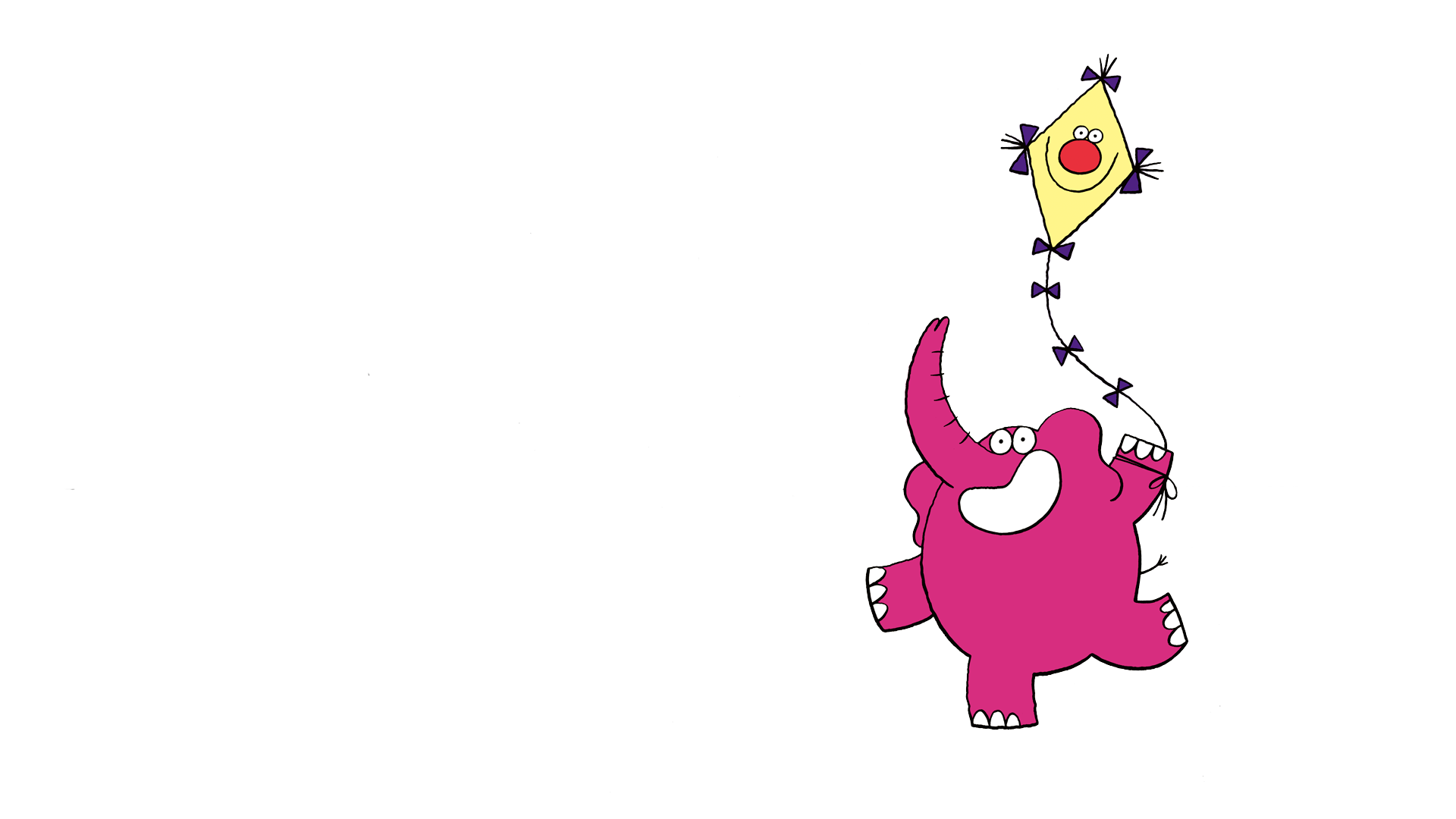 Cartoon illustration of a pink elephant with a happy expression flying a yellow diamond-shaped kite with purple bows on its tail string against a white background.