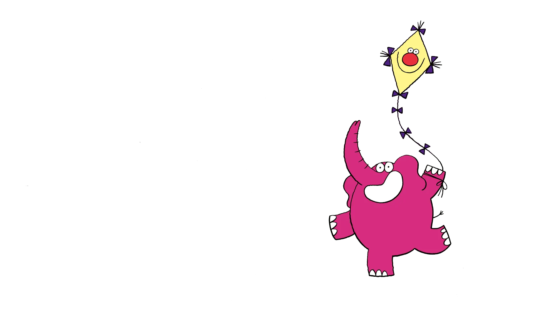 Cartoon illustration of a pink elephant with a happy expression flying a yellow diamond-shaped kite with purple bows on its tail string against a white background.