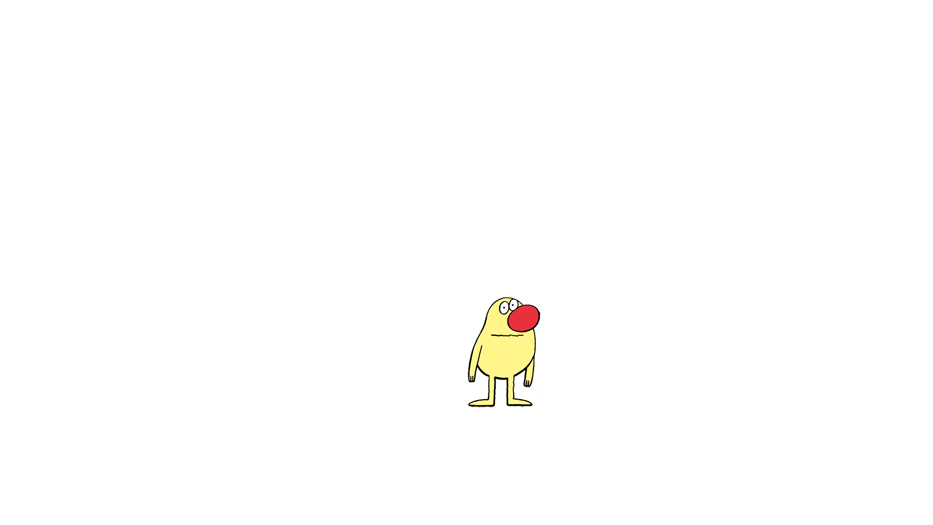 Cartoon illustration of a yellow, oval-shaped character with thin legs, two eyes, and a red circular nose or mouth against a white background.