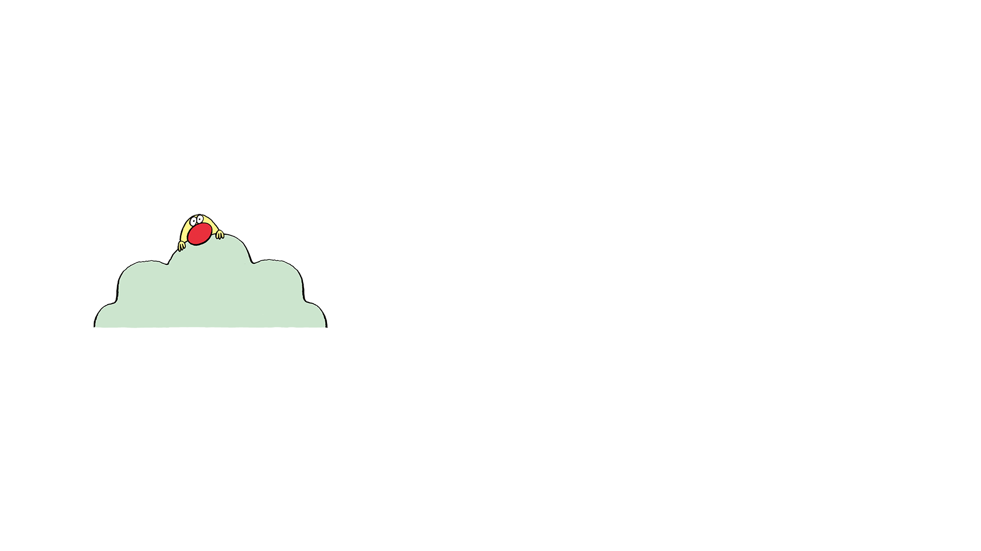 Simple cartoon illustration of a yellow character with two eyes and a red circular feature sitting or perched on top of a light green cloud against a white background.