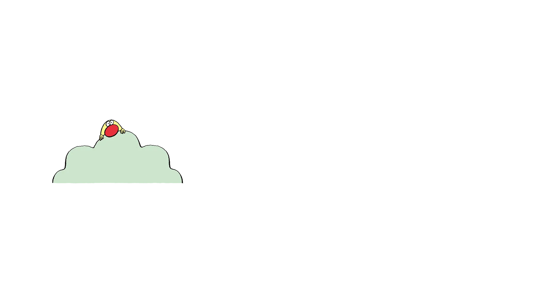 Simple cartoon illustration of a yellow character with two eyes and a red circular feature sitting or perched on top of a light green cloud against a white background.