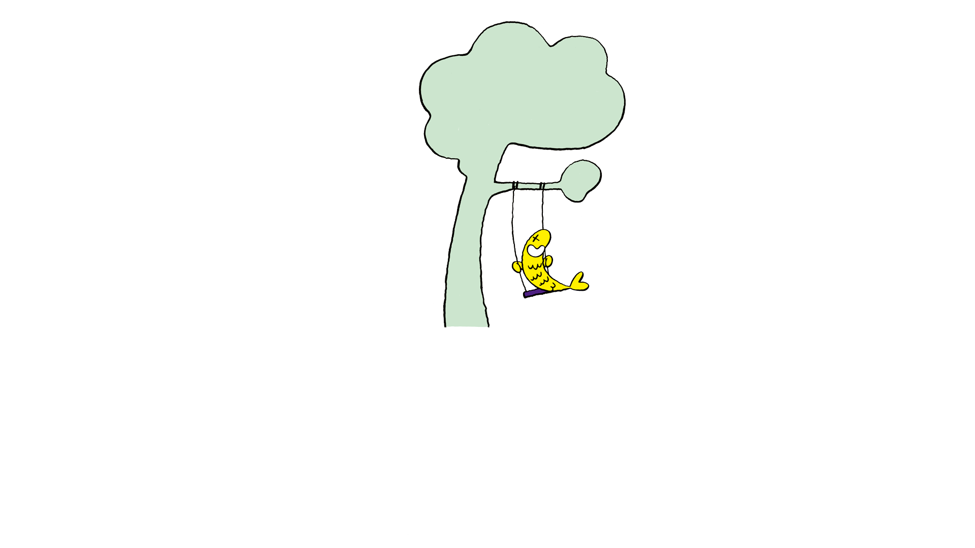 Simple line drawing of a light green tree with a small yellow character or creature swinging on a rope or vine from one of its branches against a white background.