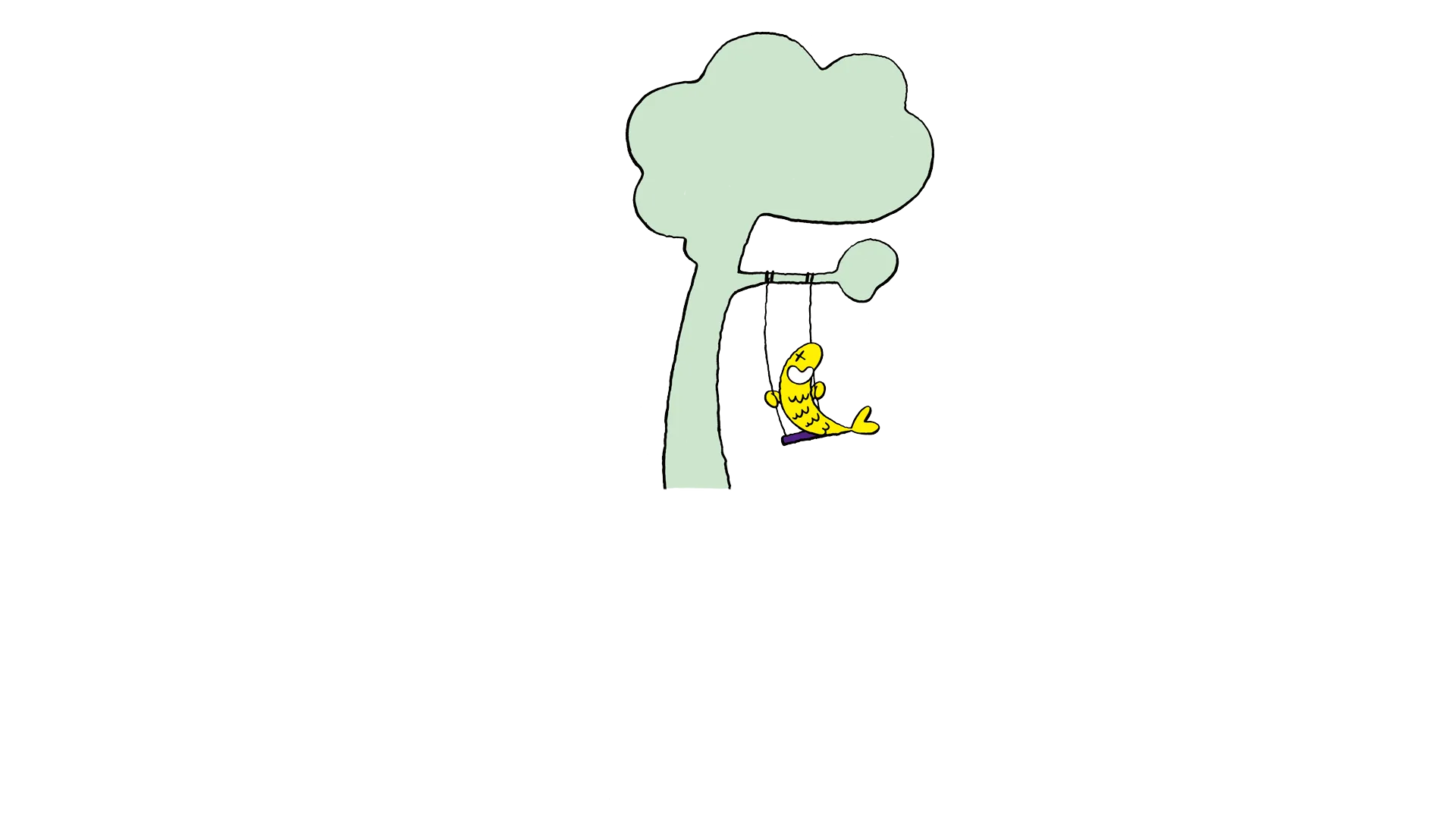 Simple line drawing of a light green tree with a small yellow character or creature swinging on a rope or vine from one of its branches against a white background.