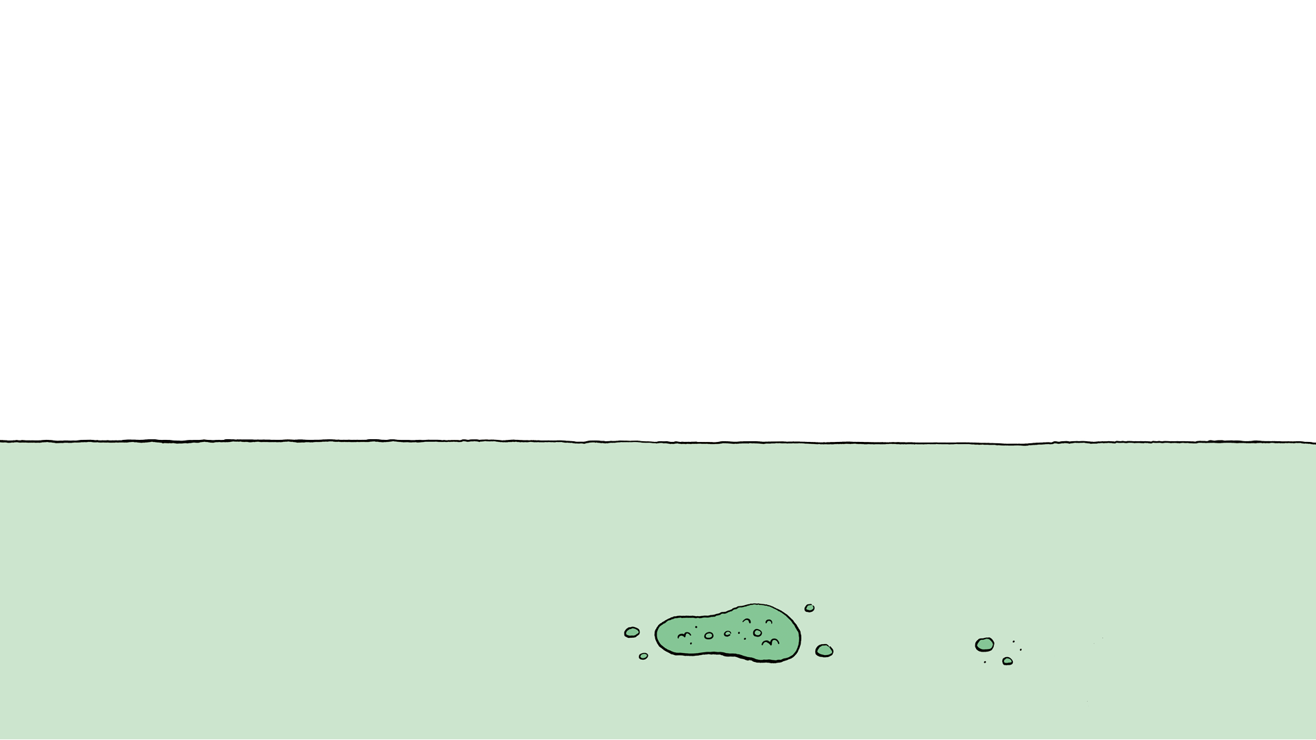 Minimalist illustration showing an underwater scene with light green water taking up the bottom two-thirds of the image. A small dark green shape with dots (representing a fish or sea creature) floats in the water along with several small bubbles scattered around it. The top third shows white space above the waterline.