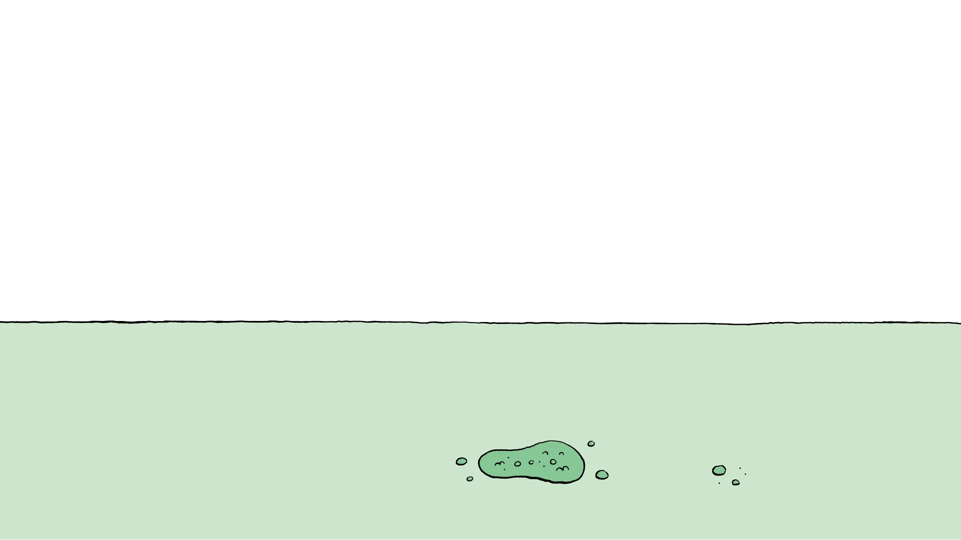 Minimalist illustration showing an underwater scene with light green water taking up the bottom two-thirds of the image. A small dark green shape with dots (representing a fish or sea creature) floats in the water along with several small bubbles scattered around it. The top third shows white space above the waterline.