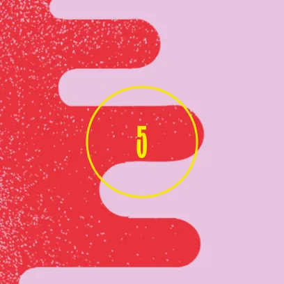 Number 5 in yellow displayed within a yellow circle, set against an abstract background of interlocking red and pink curved shapes with white textured dots.