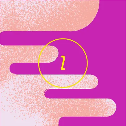 Number 2 in yellow displayed within a yellow circle, set against an abstract background of interlocking purple and coral pink curved shapes with white textured dots.