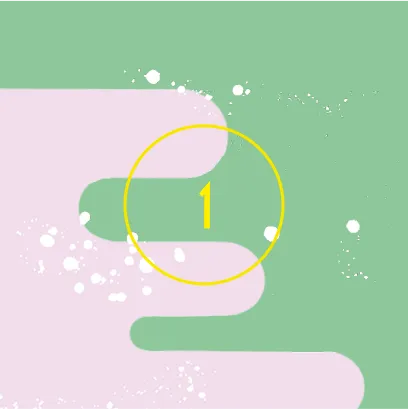 Number 1 in yellow displayed within a yellow circle, set against an abstract background of interlocking green and pink curved shapes with white scattered dots.