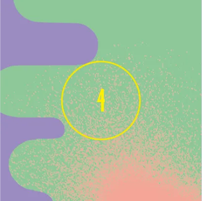 Number 4 in yellow displayed within a yellow circle, set against an abstract background of interlocking purple and green curved shapes with pink textured dots.