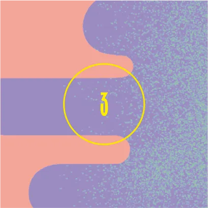 Number 3 in yellow displayed within a yellow circle, set against an abstract background of interlocking coral pink and purple curved shapes with white scattered dots.