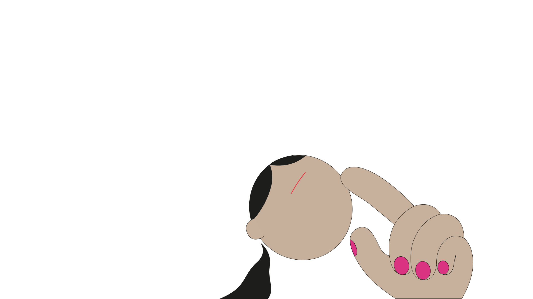 Illustration of a person with black hair in profile view, holding their hand up to their face with pink nail polish visible on their fingernails.