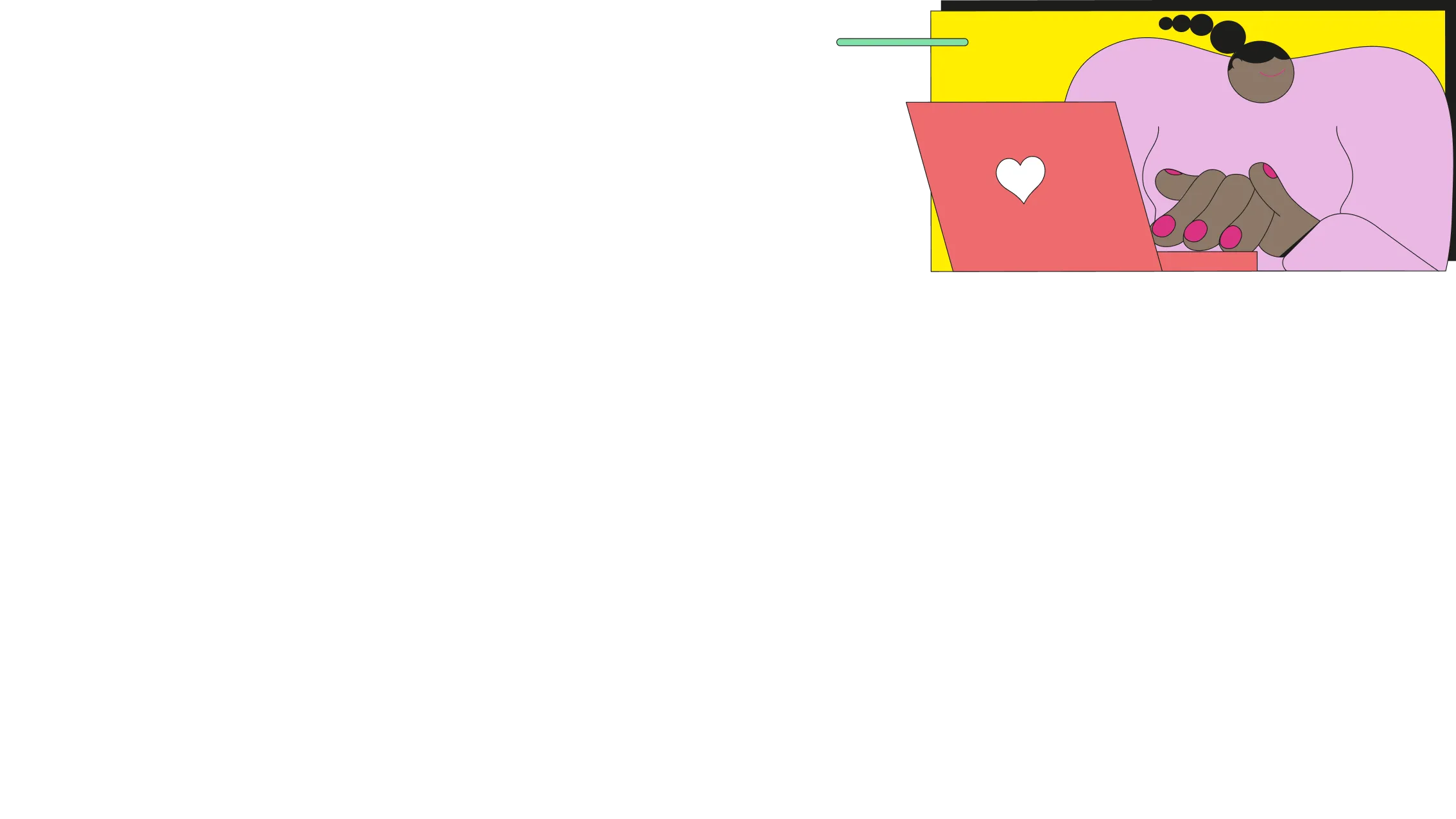 Stylized illustration of a person with dark hair in a pink top using a red laptop computer with a white heart symbol on it. The scene includes yellow and green geometric shapes in the background.