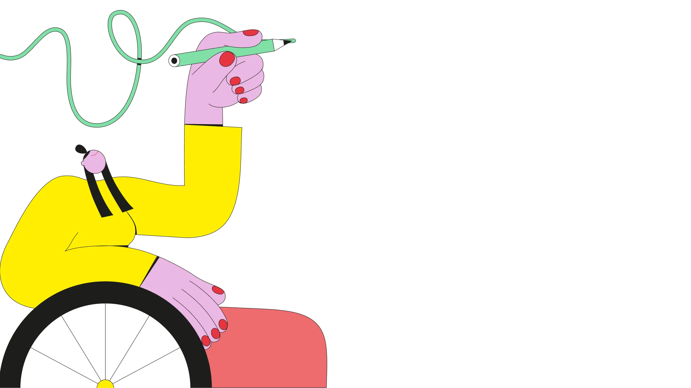 Stylized illustration of a person with pink hands, red nail polish and a yellow sweater sitting on a wheelchair. The person is holding a green pencil that creates a flowing green line trail.