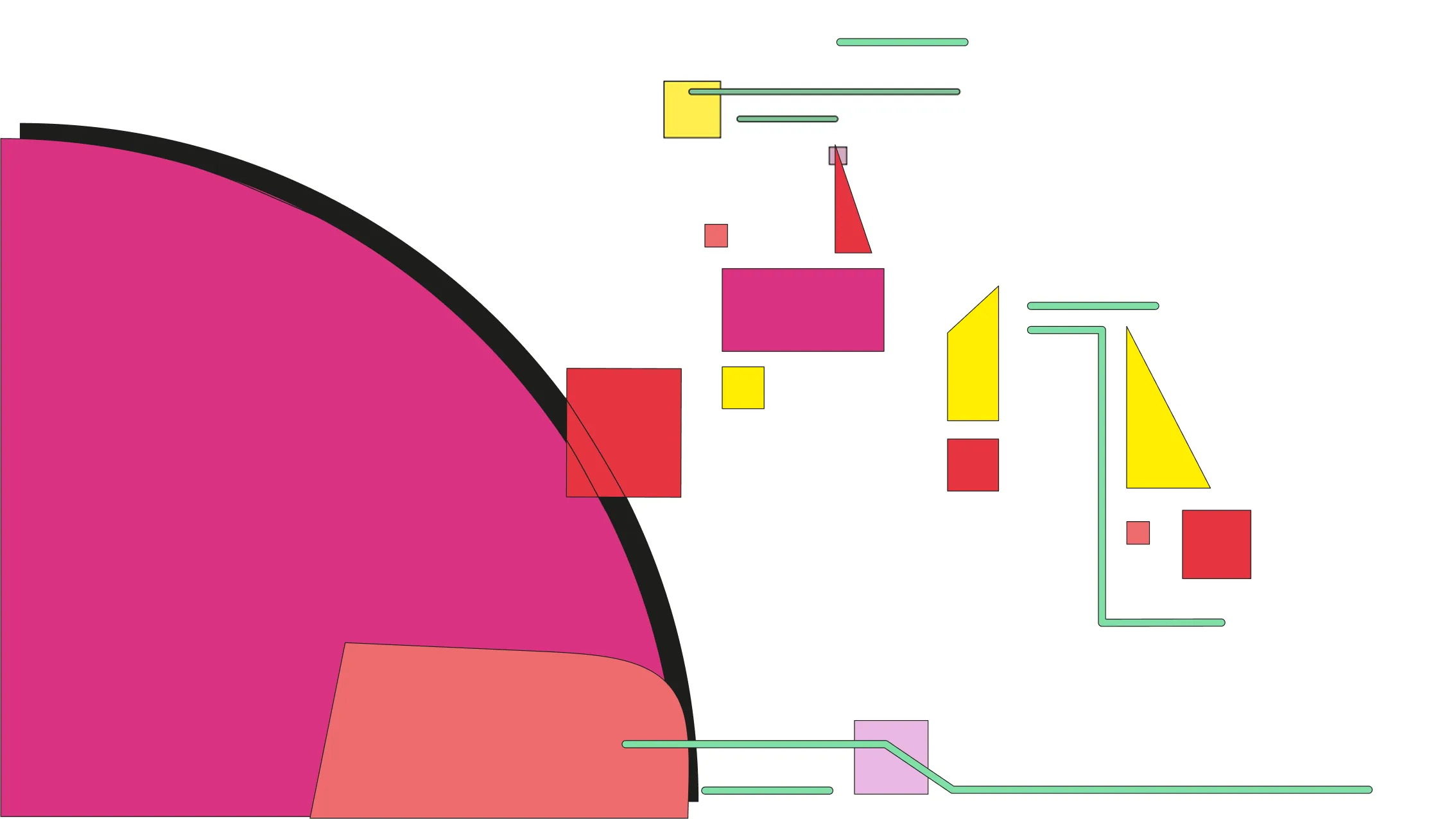 Abstract geometric artwork with colorful shapes on a white background. The left side features a large magenta quarter circle outlined in black, overlapping with a red trapezoid at the bottom. Scattered across the right half are various smaller shapes in red, yellow, pink, and magenta, including squares, rectangles, and triangles. Thin green lines run horizontally and diagonally between some shapes, resembling connectors or pathways. 