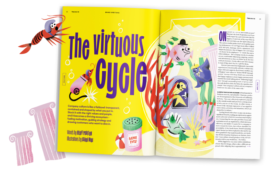 Open magazine spread showing an article titled 'The Virtuous Cycle' on a bright yellow background with colorful cartoon illustrations including sea creatures, underwater plants, and whimsical characters. The left page features the article title and introductory text, while the right page contains body text in columns. Decorative elements around the magazine include illustrated tentacles, coral-like structures, and other playful sea-themed graphics extending beyond the magazine's edges, creating an immersive underwater scene. 