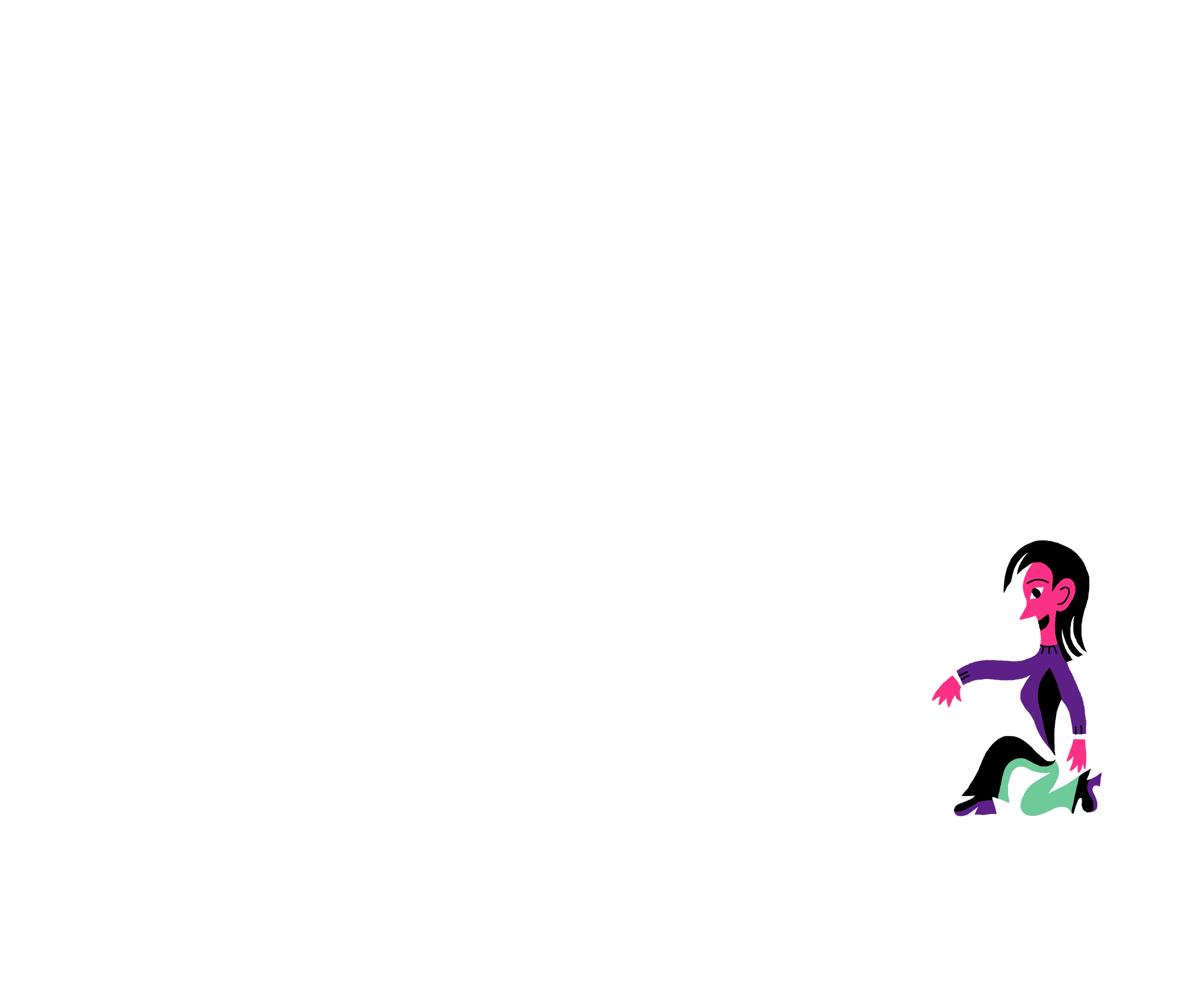 Illustration of a person with angular features, pink face, and black hair, wearing a purple top and green trousers, posed in a crouched position with one arm extended.