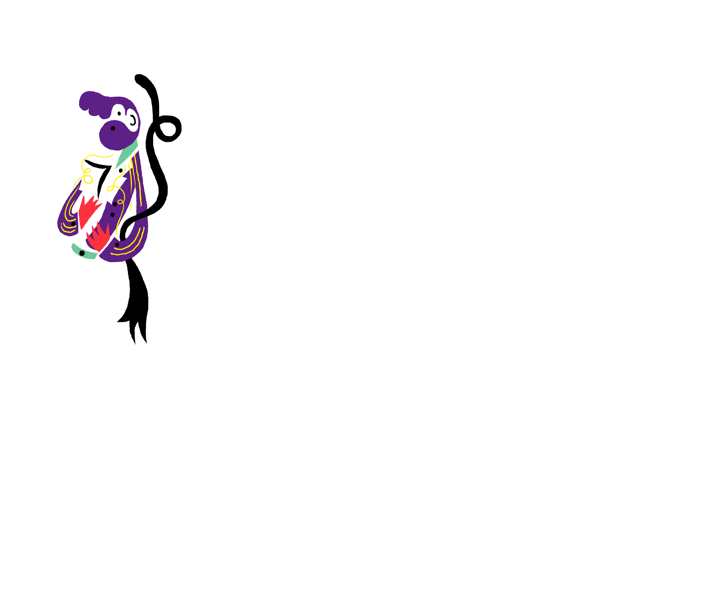 Illustration resembling a bird-like figure with exaggerated features in purple, black, red, green, and yellow, composed of curved and angular geometric shapes.