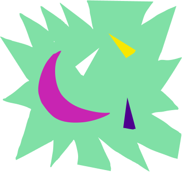 Green starburst shape with pointed rays containing a purple crescent moon and small yellow and dark blue triangular elements.
