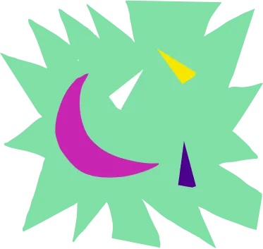 Green starburst shape with pointed rays containing a purple crescent moon and small yellow and dark blue triangular elements.
