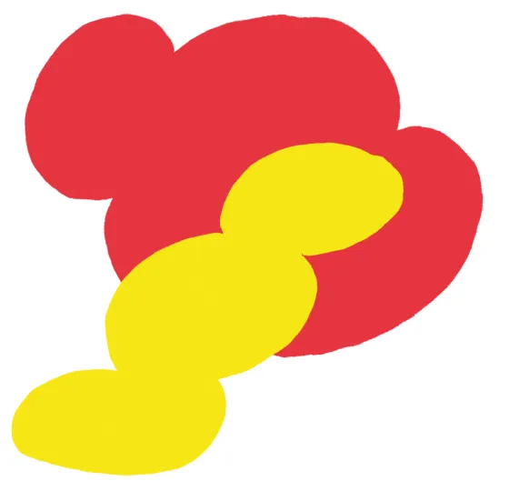 Abstract graphic with overlapping organic shapes in red and yellow colors arranged in a flowing, dynamic composition.