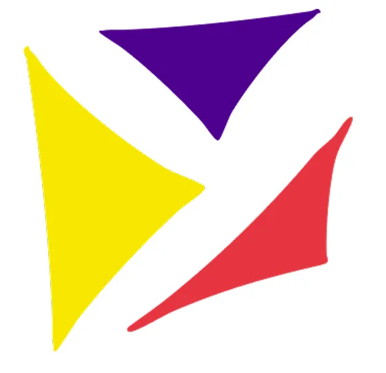 Three triangular shapes in yellow, purple, and red arranged in a dynamic composition.