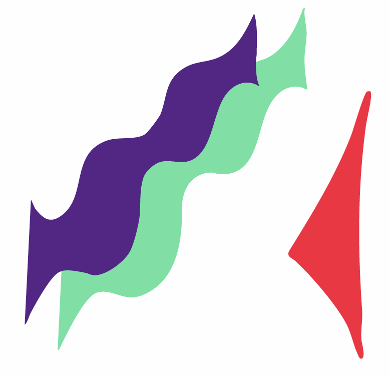 Abstract graphic with flowing curved shapes in purple, light green, and red colors arranged in a wave-like pattern.