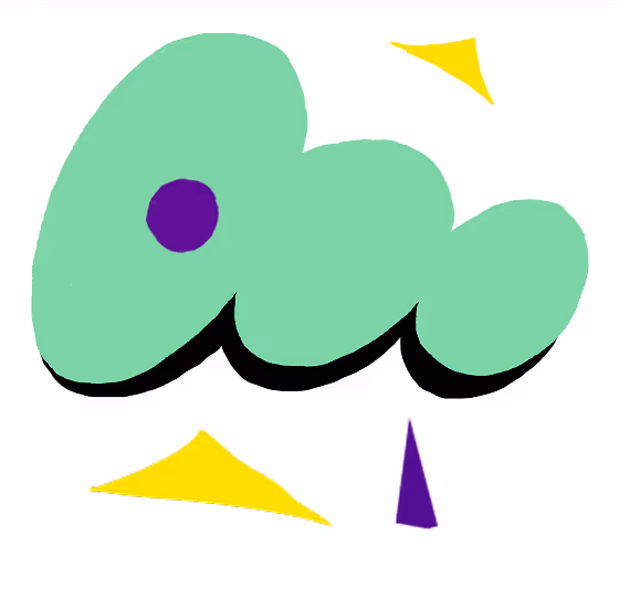 Green cloud shape with purple dot and black curved base, accompanied by yellow and purple triangular elements.