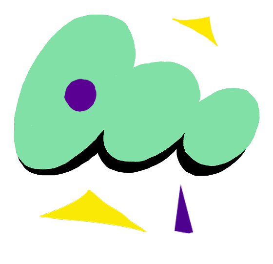 Green cloud shape with purple dot and black curved base, accompanied by yellow and purple triangular elements.