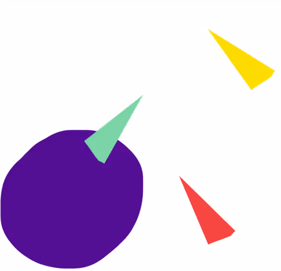 Purple circle with small green triangular shape on its edge, accompanied by separate yellow and red triangular elements positioned around it.