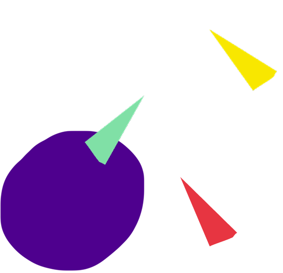 Purple circle with small green triangular shape on its edge, accompanied by separate yellow and red triangular elements positioned around it.