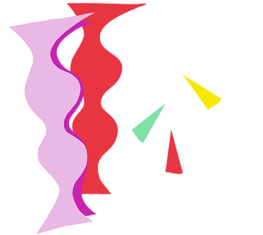 Graphic with flowing curved shapes in pink and red creating wave-like forms, accompanied by small triangular elements in yellow, green, and red.