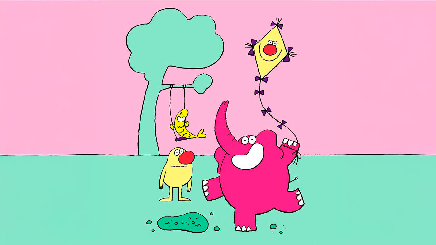 Playful illustration by Nadine Redlich featuring cartoon characters, including a pink elephant and a yellow kite, under the headline “From flattery to feedback” in Think:Act Magazine.