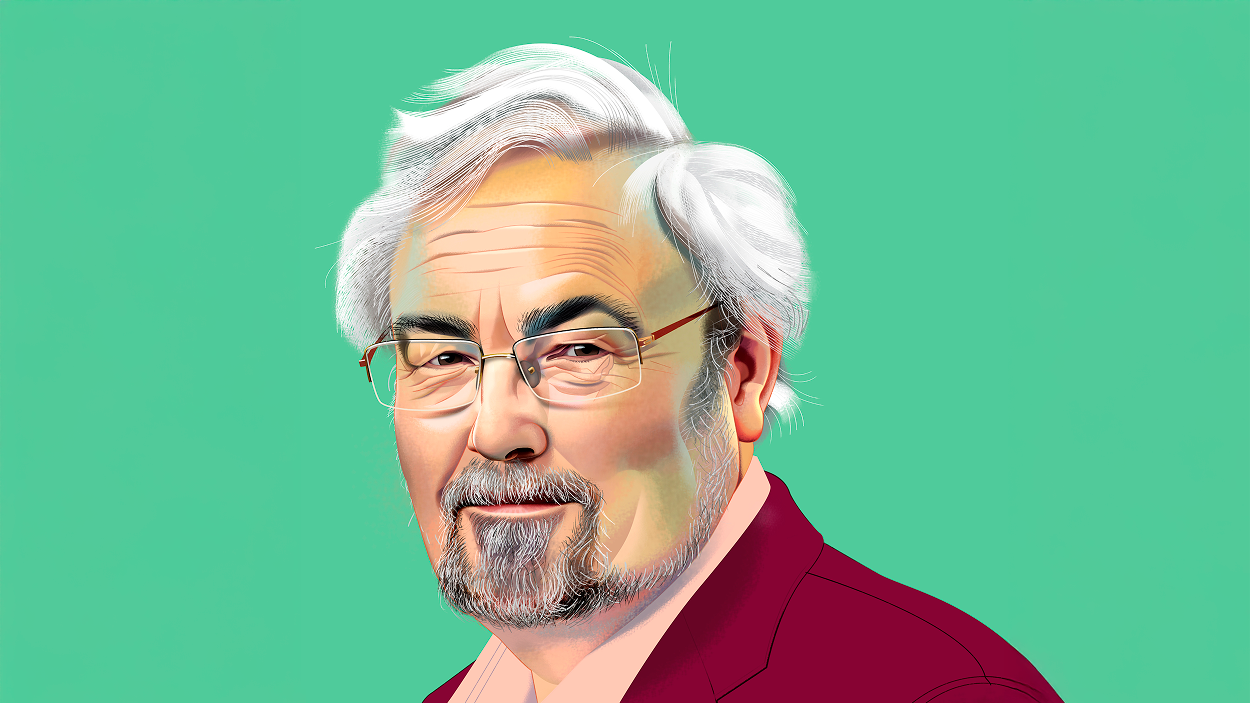 Illustrated portrait of Robin Dunbar, evolutionary psychologist, wearing a burgundy blazer against a green background for Think:Act Magazine.