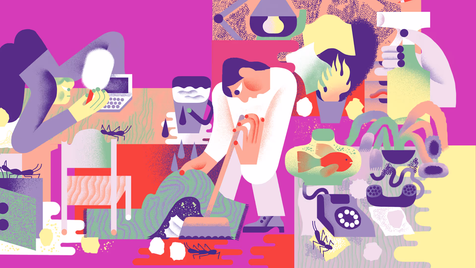 Abstract illustration by Julia Kluge showing chaotic office scenes, overwhelmed workers and outdated tech, visualizing the effects of a toxic workplace.