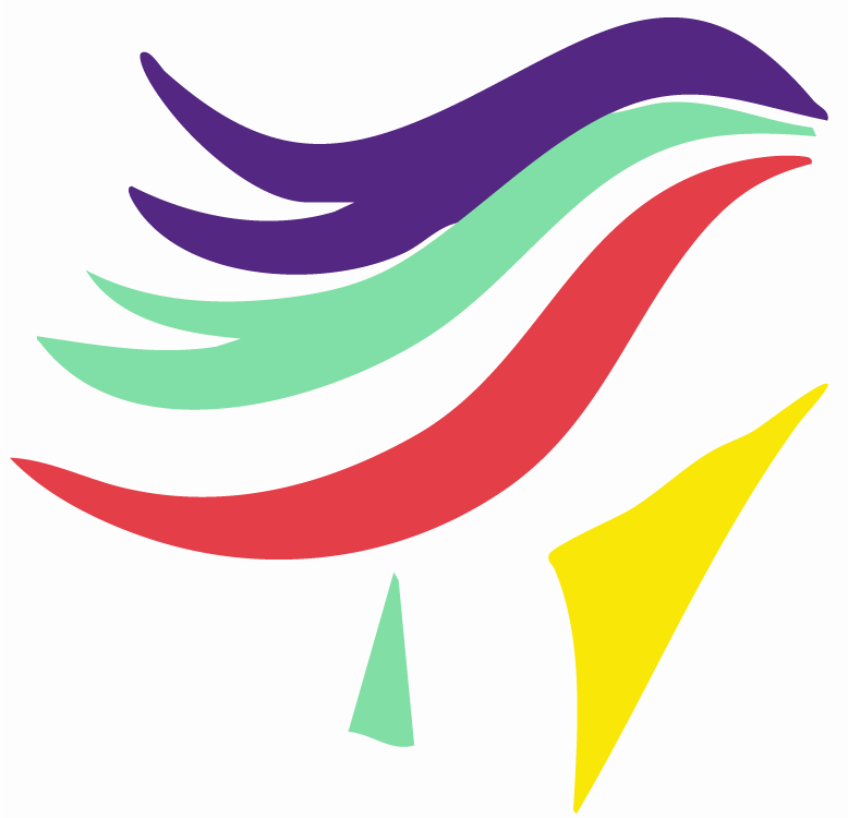 Abstract graphic logo made of colorful curved shapes resembling a stylized bird in flight. The design features purple, green, red, white, and yellow elements arranged to suggest wings and motion against a plain white background. 